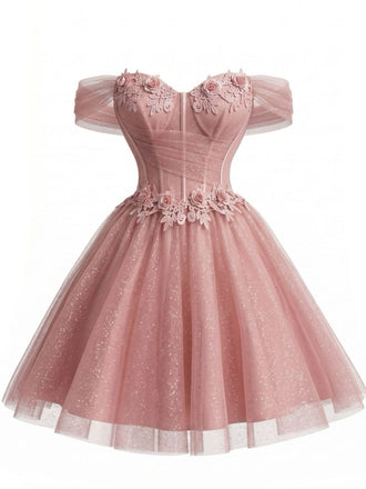 [Pre-Sale] Pink 1950s Floral Off-Shoulder Glitter Tulle Prom Dress