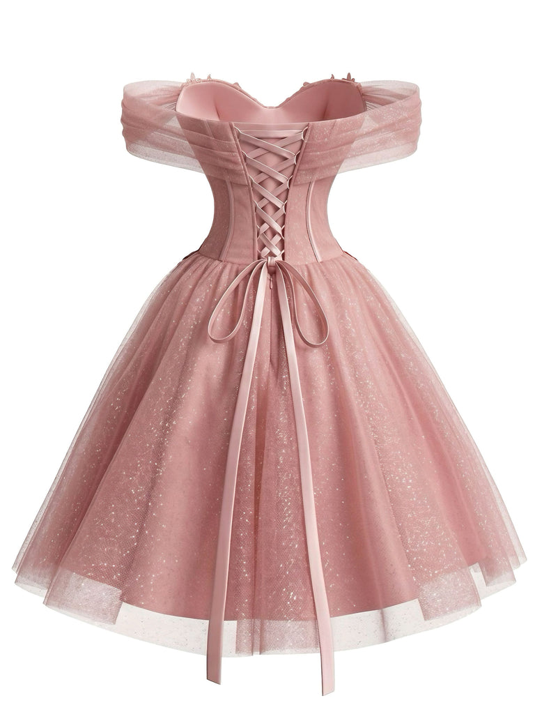 Retro Stage Floral Off-Shoulder Glitter Tulle Mini Dress Homecoming Prom Pink