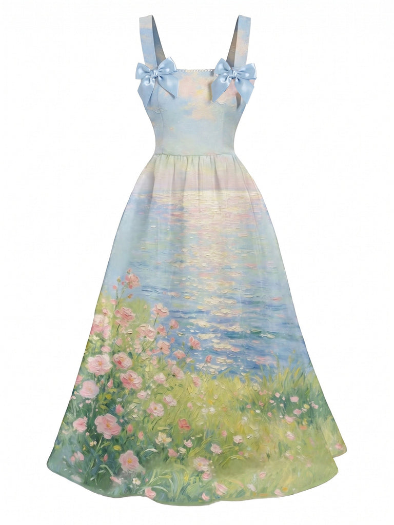 Blue 1950s Oil Painting Bow Strap Swing Dress