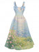 Blue 1950s Oil Painting Bow Strap Swing Dress
