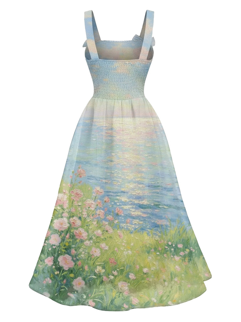 Blue 1950s Oil Painting Bow Strap Swing Dress 2