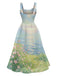 Blue 1950s Oil Painting Bow Strap Swing Dress 2