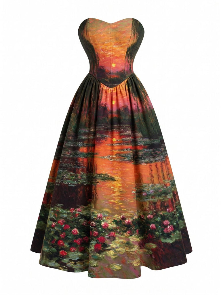 [Pre-Sale] 1950s Sunset Water Lily Sweetheart Strapless Dress