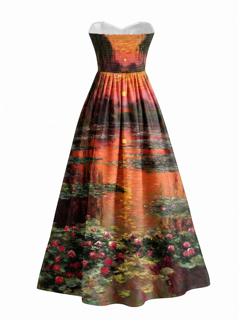 [Pre-Sale] 1950s Sunset Water Lily Sweetheart Strapless Dress
