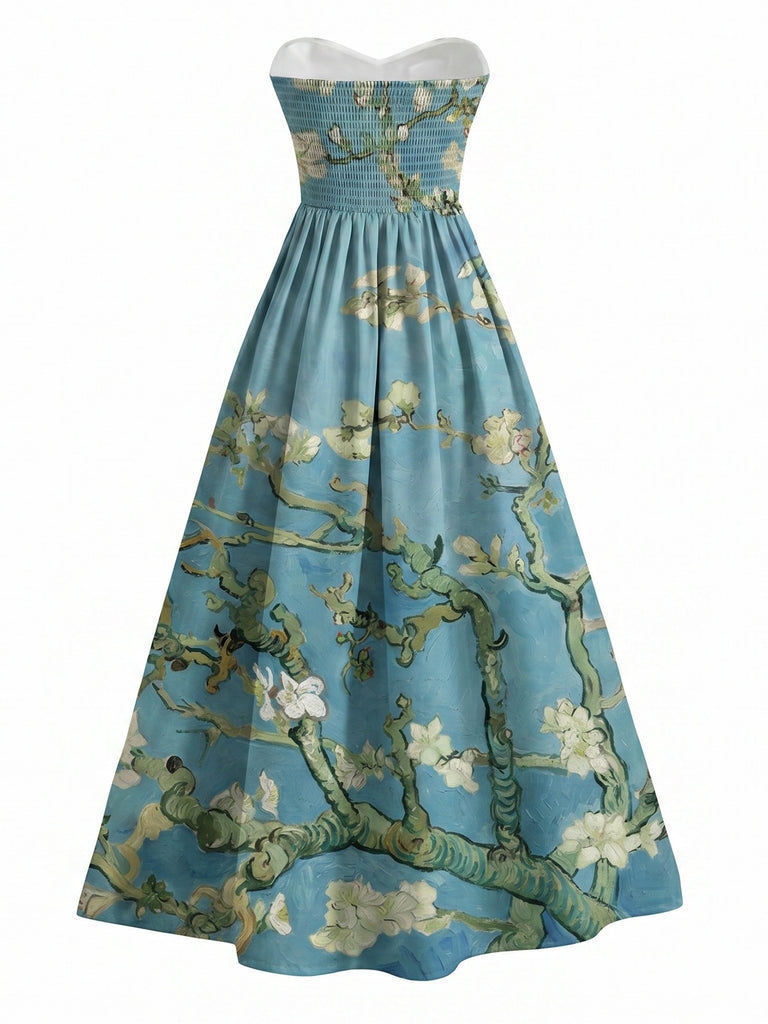 [Pre-Sale] Blue 1950s Almond Blossom Sweetheart Strapless Dress