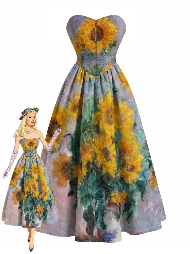 Blue 1950s Water Lily Sweetheart Strapless Dress