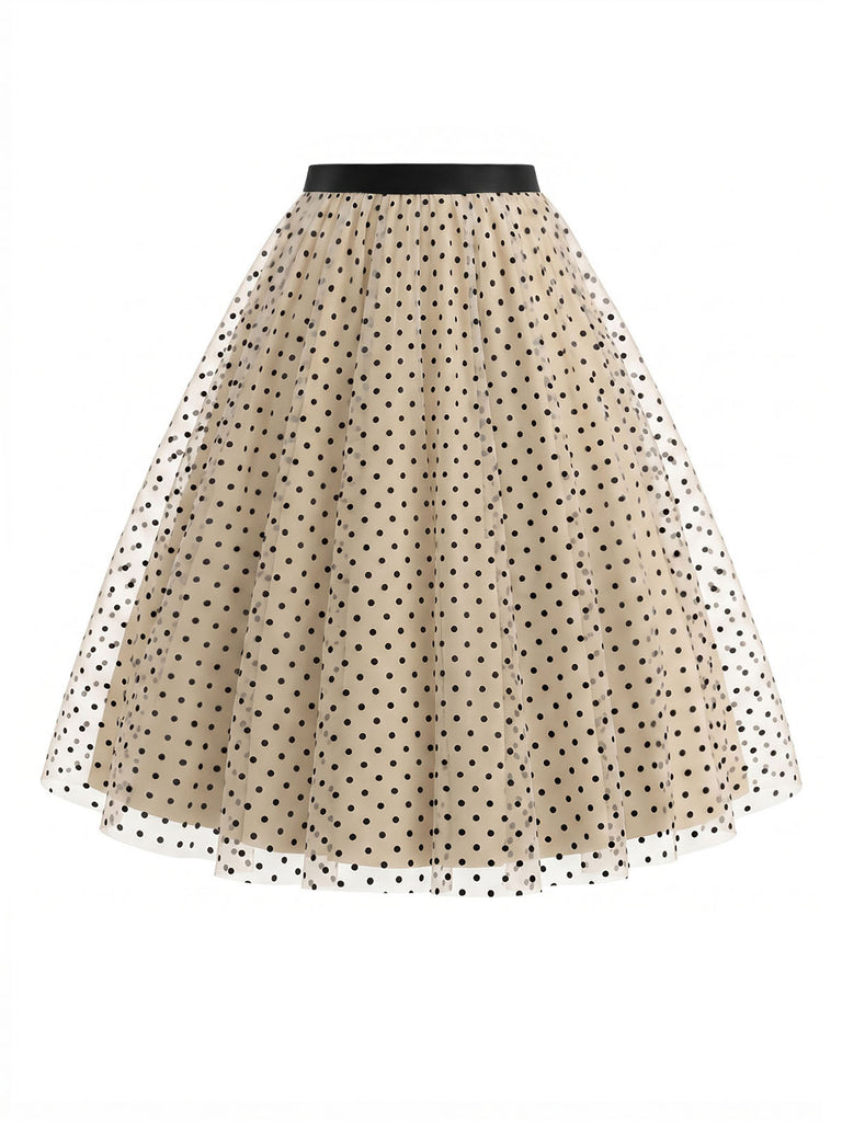 [Pre-Sale] Beige 1950s Polka Dot Tulle Swing Skirt