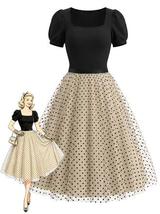 [Pre-Sale] 2PCS 1950s Puff Sleeve Ribbed Bodysuit & Polka Dot Tulle Skirt
