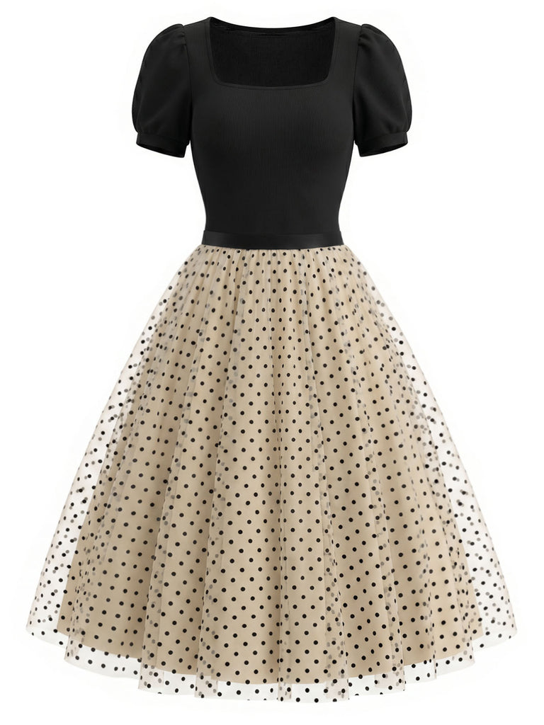 [Pre-Sale] 2PCS 1950s Puff Sleeve Ribbed Bodysuit & Polka Dot Tulle Skirt