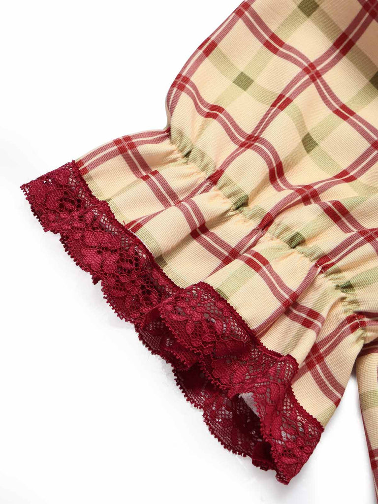 [Pre-Sale] Champagne 1940s Plaid Lace V Neck Two Piece Set 10
