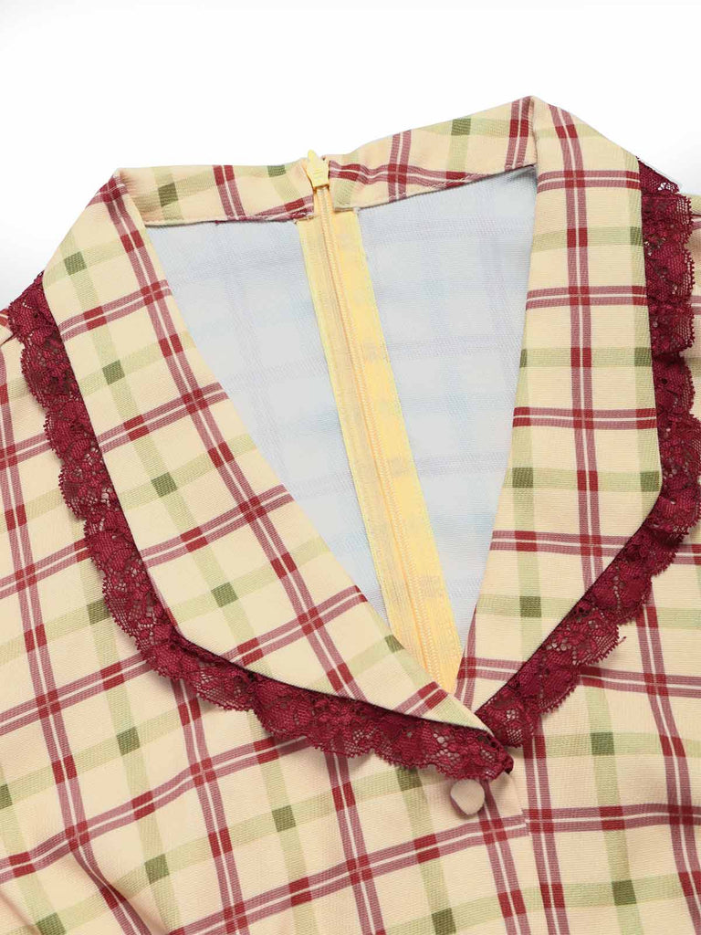 [Pre-Sale] Champagne 1940s Plaid Lace V Neck Two Piece Set 9