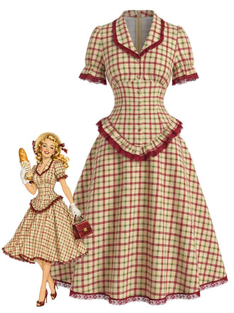 [Pre-Sale] 2PCS 1940s Plaid Lace Ruffled Hem Blouse & A-Line Skirt