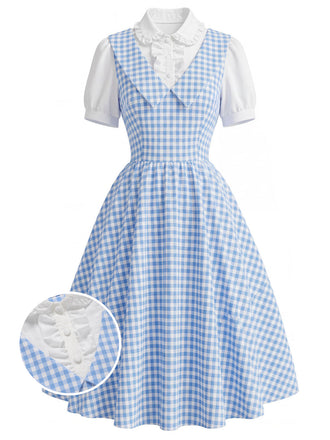 [Pre-Sale] Light Blue 1940s Plaid V Neck Dress