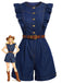 [Pre-Sale] Dark Blue 1970s Crew Neck Denim Ruffle Sleeve Belted Romper