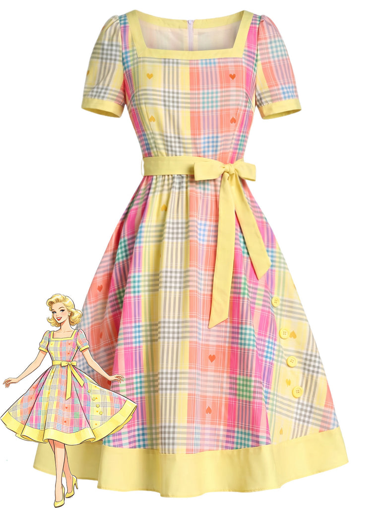 [Pre-Sale] Light Yellow 1950s Square Neck Plaid Heart Dress