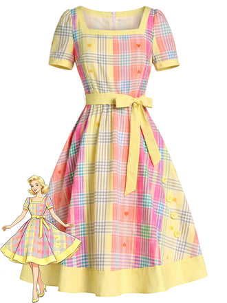 [Pre-Sale] Light Yellow 1950s Square Neck Plaid Heart Dress