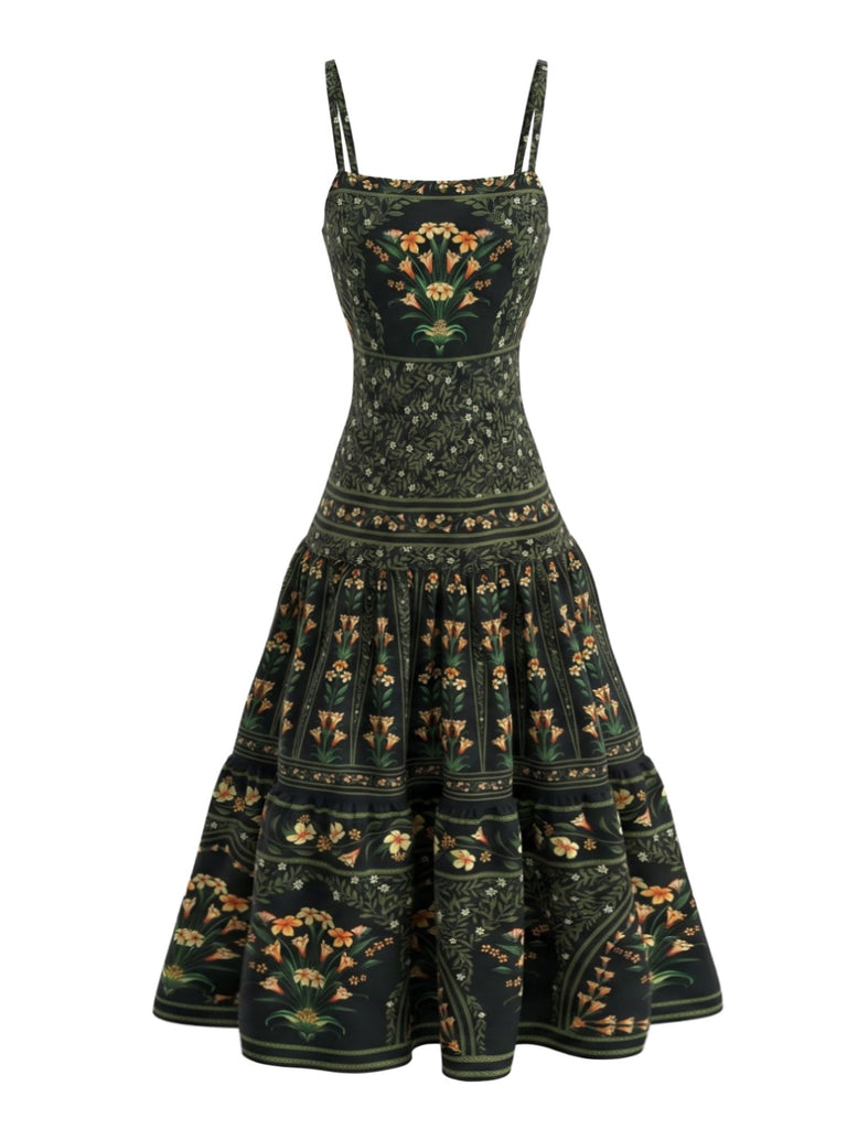 Green 1950s Print Spaghetti Strap Dress 2