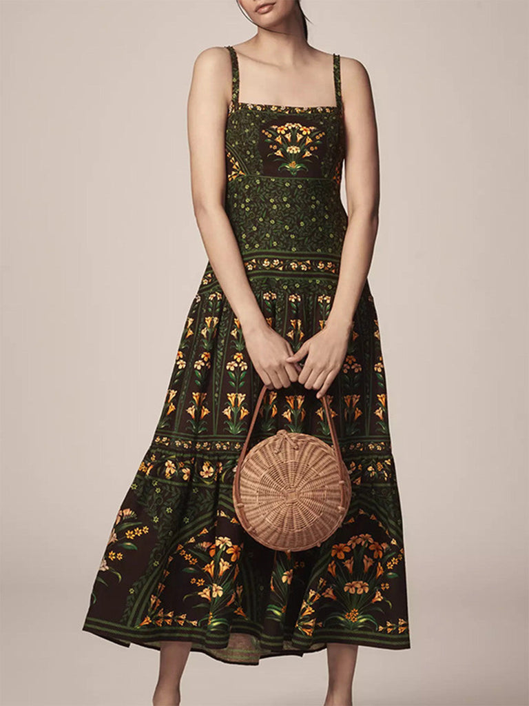 Green 1950s Print Spaghetti Strap Dress 4