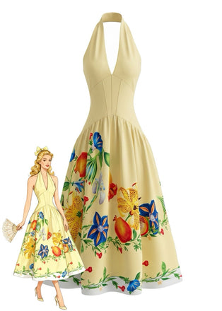 Yellow 1950s Print Halter Backless Dress