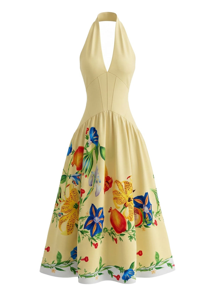 yellow floral backless dress Halter Floral Strappy Backless Maxi Dress Yellow