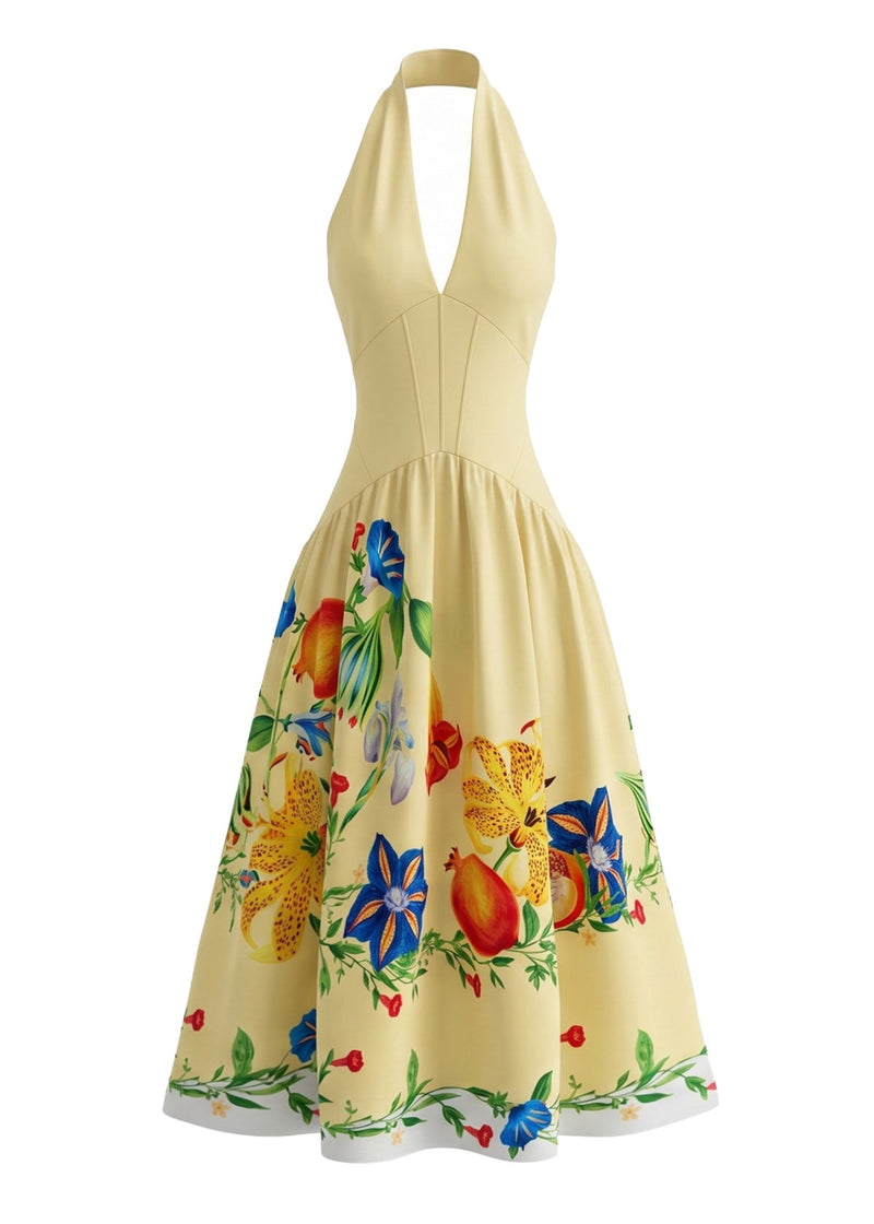 Yellow 1950s Halter Backless Floral Dress | Retro Stage