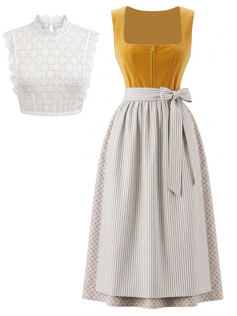 3PCS Yellow 1950s Square Neck Dress & Striped Apron  & Lace Top