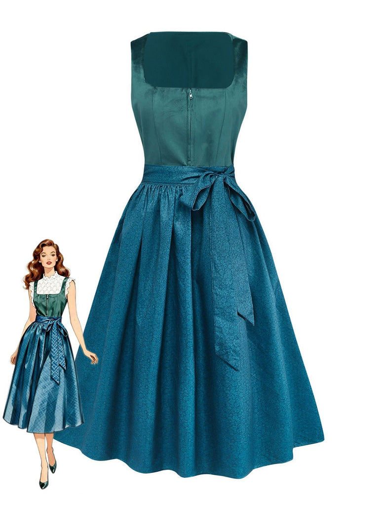 2PCS Teal 1950s Square Neck Velvet Dress & Floral Apron