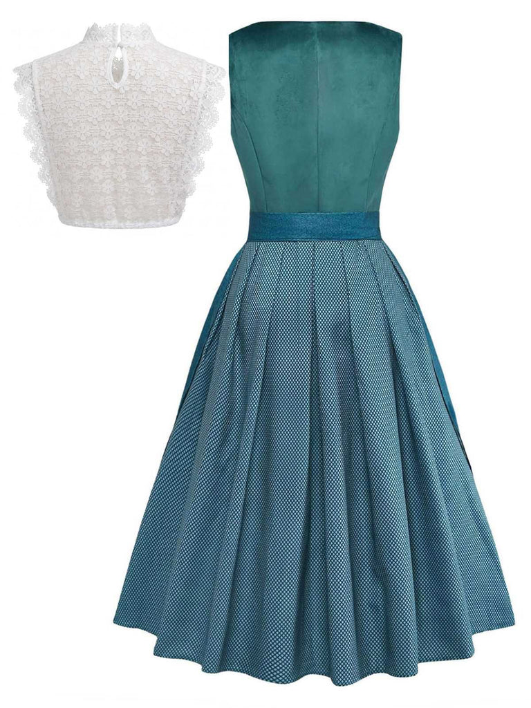 3PCS Teal 1950s Square Neck Velvet Dress & Floral Apron & Lace Top