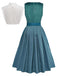 3PCS Teal 1950s Square Neck Velvet Dress & Floral Apron & Lace Top