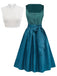 3PCS Teal 1950s Square Neck Velvet Dress & Floral Apron & Lace Top