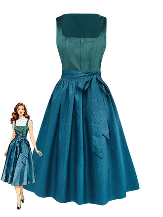 2PCS Teal 1950s Square Neck Velvet Dress & Floral Apron