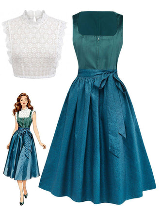 3PCS Teal 1950s Square Neck Velvet Dress & Floral Apron & Lace Top
