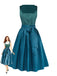 2PCS Teal 1950s Square Neck Velvet Dress & Floral Apron