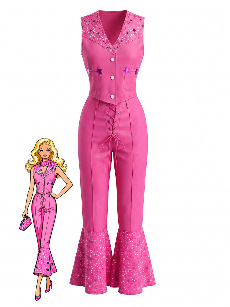 Pink 1970s Vintage V Neck Two Piece Set 1