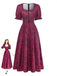 Wine Red 1940s Floral Print Square Neck Maxi Dress