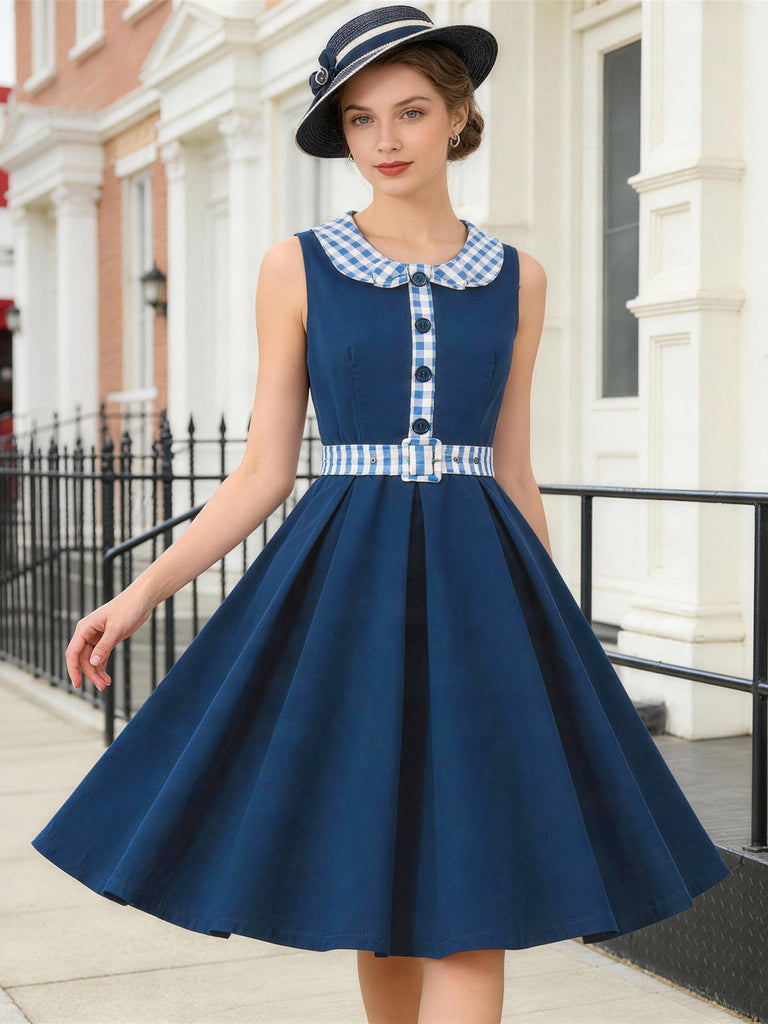 Dark Peacock Blue 1950s Plaid Patchwork Dress 3