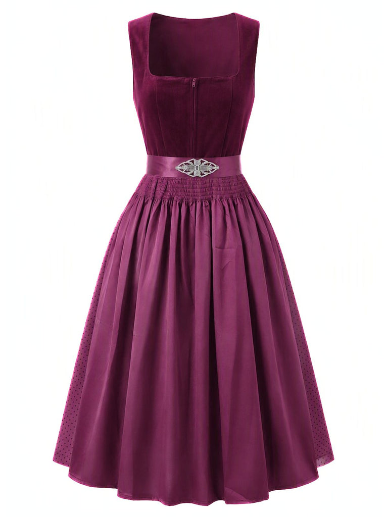 Plum 1950s Square Neck Velvet Polka Dot Dress & Apron & Lace Top
