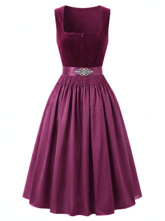 Plum 1950s Square Neck Velvet Polka Dot Dress & Apron