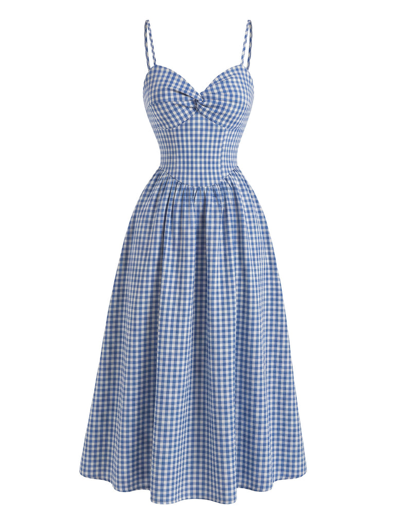 blue plaid spaghetti strap dress 2PS White Floral Print Spaghetti Strap Dress With Blue Shawl Dress Suit Jolly Vintage