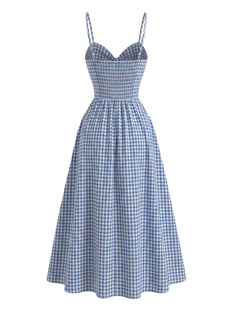 Blue 1940s Gingham Plaid Spaghetti Strap Dress