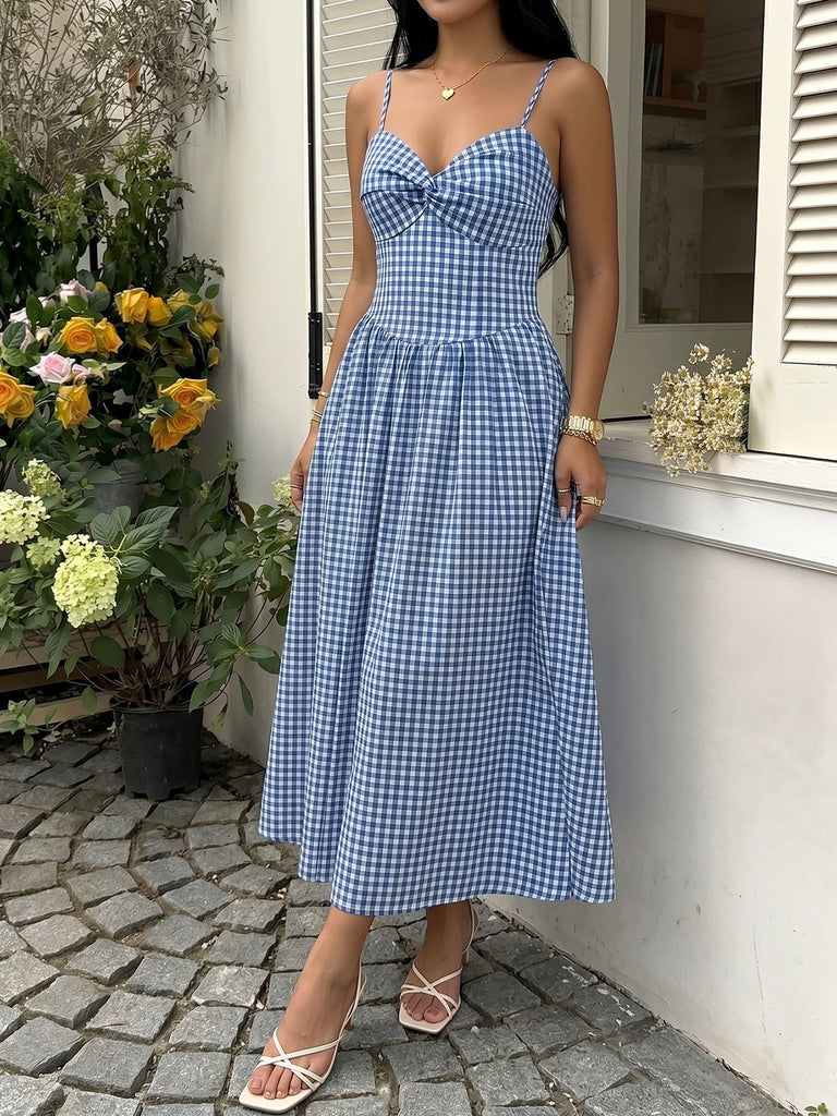 Blue 1940s Gingham Plaid Spaghetti Strap Dress