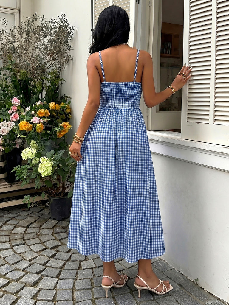 Blue 1950s Vintage Plaid Spaghetti Strap Dress 6