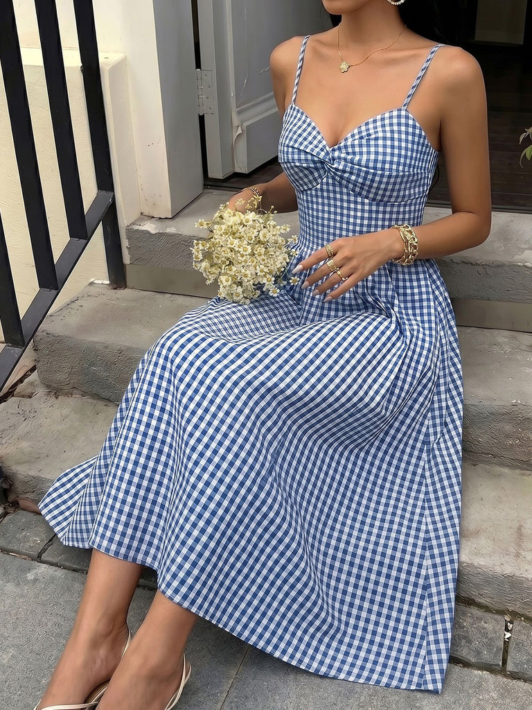 blue plaid spaghetti strap dress Blue 1940s Gingham Plaid Spaghetti Strap Dress
