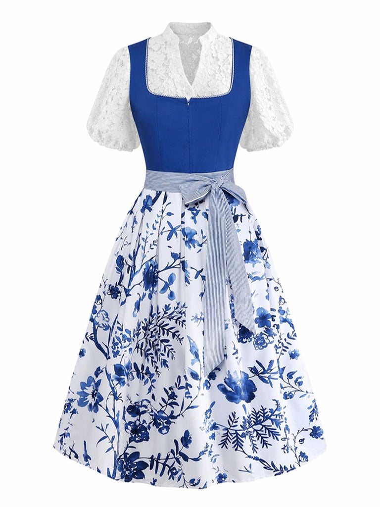 3PCS Blue 1950s Square Neck Dress & Floral Apron & Lace Top