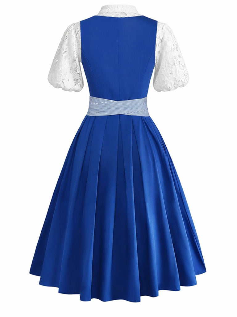 3PCS Blue 1950s Square Neck Dress & Floral Apron & Lace Top
