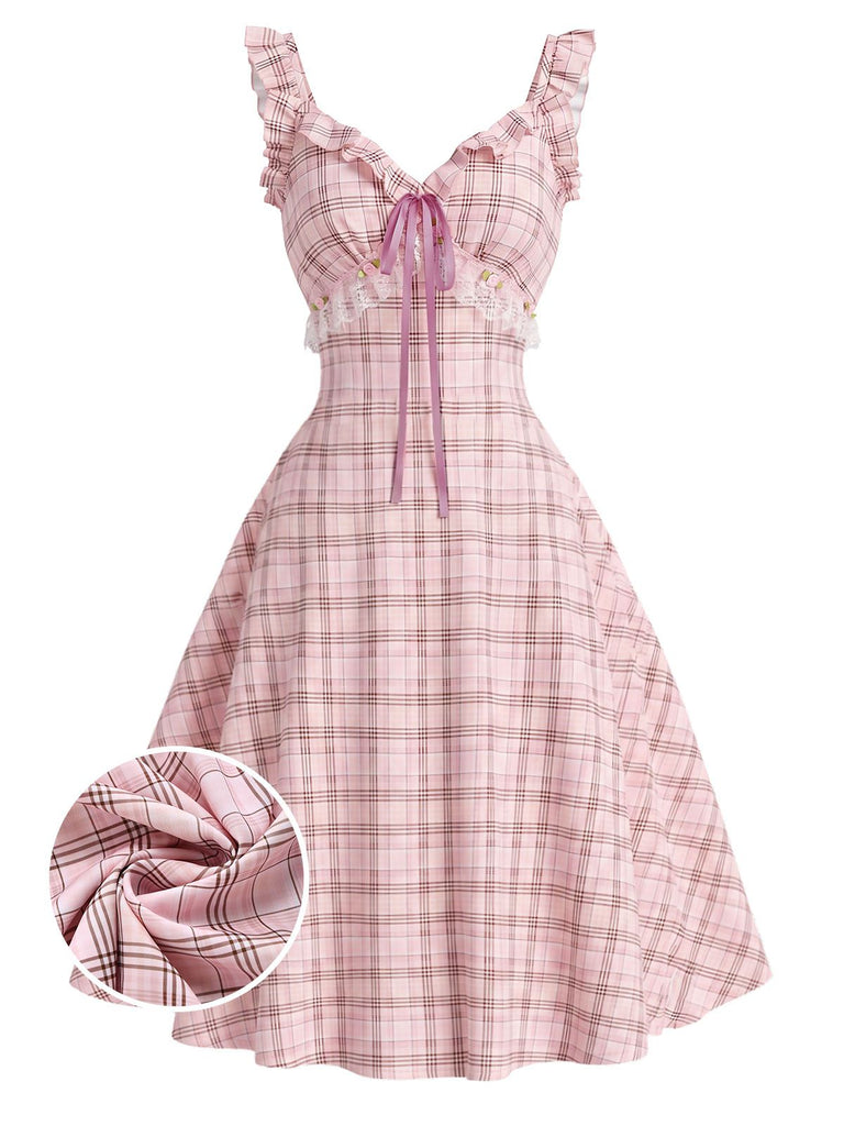 Pink 1950s Plaid Rosette Bow Ruffle Sleeve Dress