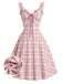 Pink 1950s Plaid Rosette Bow Ruffle Sleeve Dress