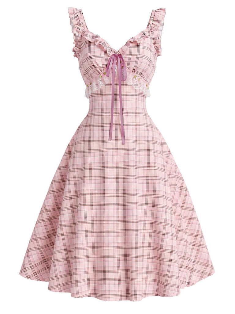 Pink 1950s Plaid Rosette Bow Ruffle Sleeve Dress