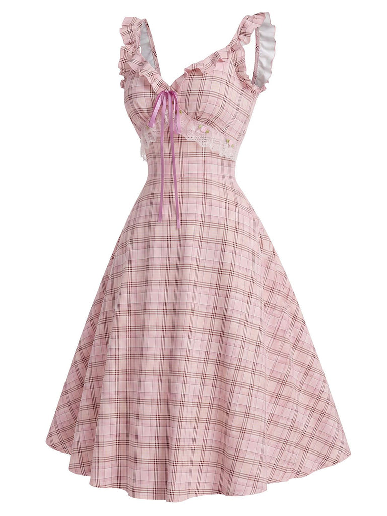 Pink 1950s Plaid Rosette Bow Ruffle Sleeve Dress