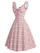 Pink 1950s Plaid Rosette Bow Ruffle Sleeve Dress
